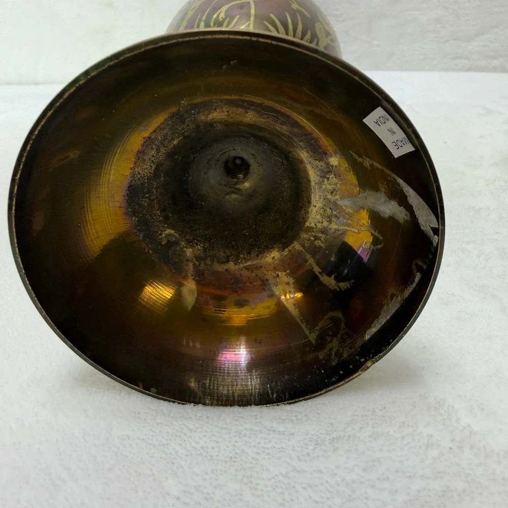 VTG Iridescent Brass Vase Etched Heron Floral Scalloped Rim Pedestal‎ 12 inch